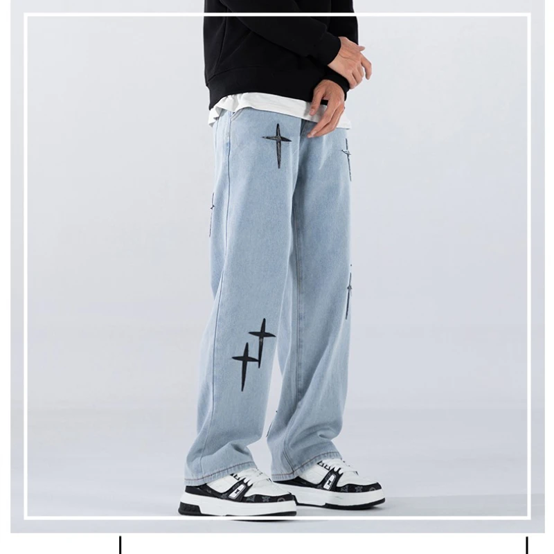 Prints Jeans Men 2026 New Streetwear Baggy Wide Leg Jeans Korean Fashion Drapes Straight Casual Loose Denim Cargo Pants