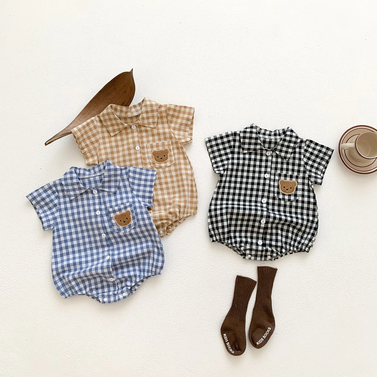 Baby Summer Clothes Boys Checked Bear Embroidered Shirt Collar Short-Sleeved Jumpsuit Children\'s Clothing