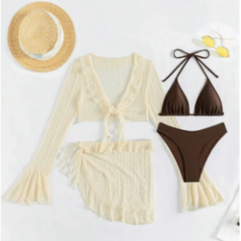 Women's Swimsuit Four-Piece Set Sun Protection Breathable Solid Color Beach Sexy Bikini In Stock