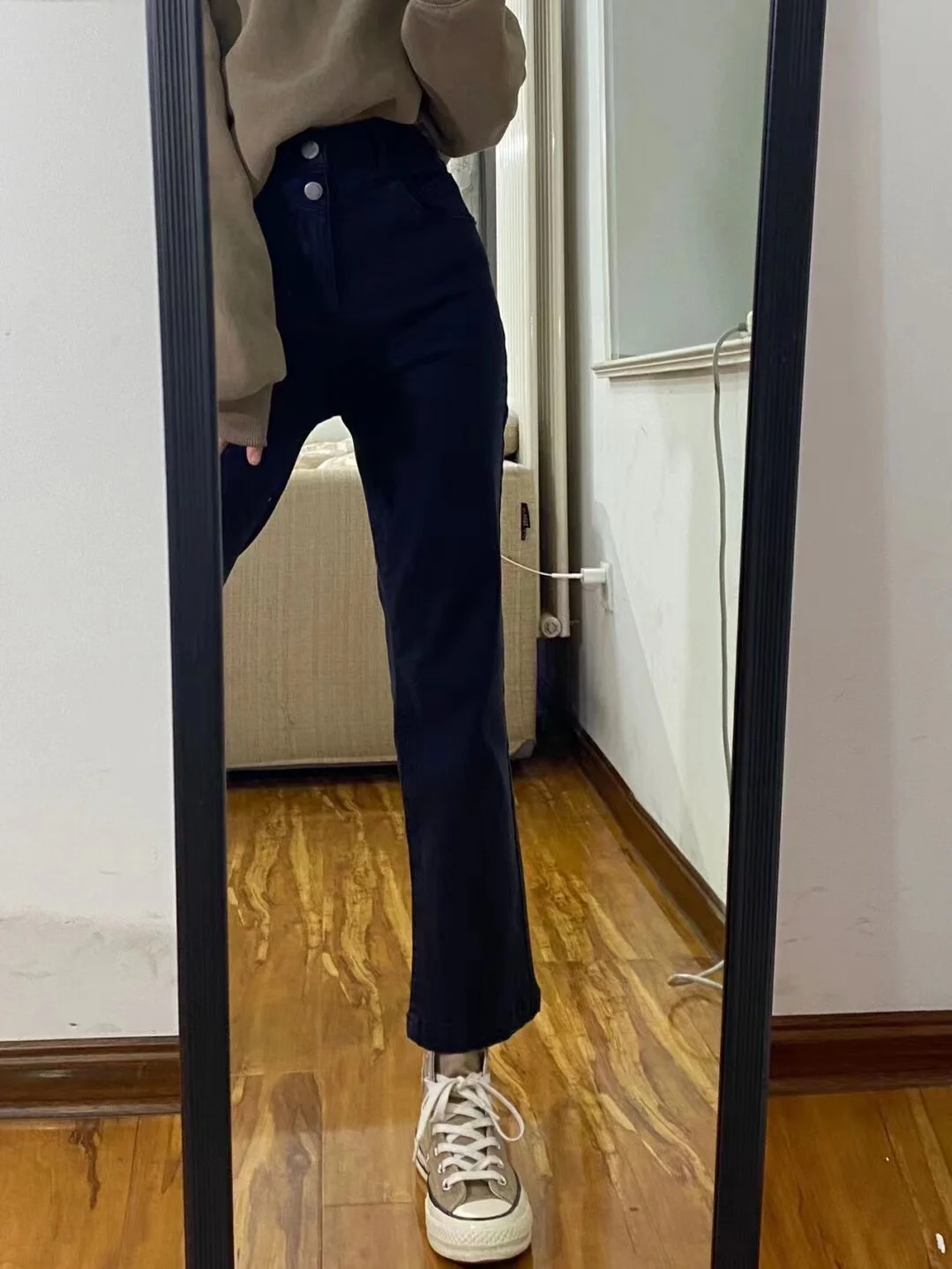 High Waist Black Elastic Loose Straight Leg Jeans Women's Spring 2023 Slimming Small Size Wide Leg Nine Point Pants