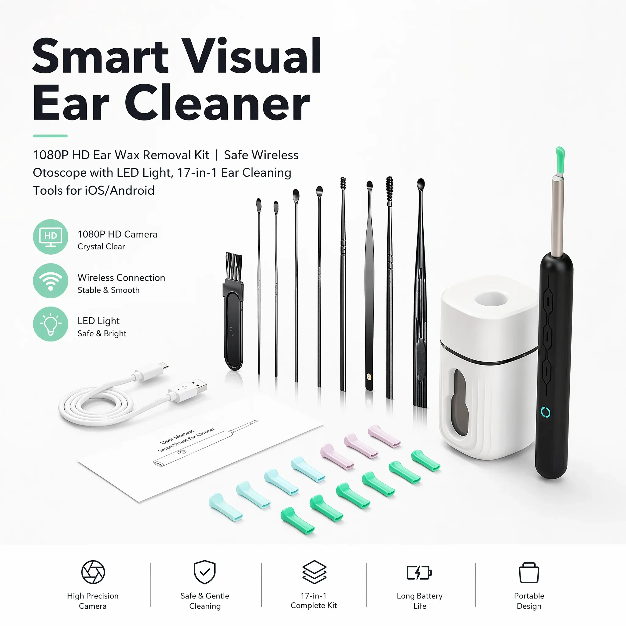 

NE3-A Pro Wireless Visual Ear Pick 1080P HD Ear Wax Removal Otoscope with LED Light Safe Ear Cleaning Tool for Adults Kids
