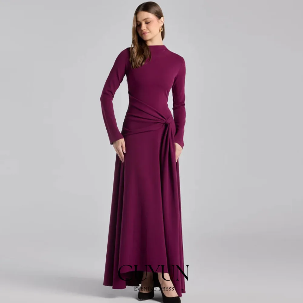 

CUYUN Long Sleeves Elegant Wedding Guest Dresses Purple Crepe Draped Asymmetric Neck Maxi Dress Customized Party Gown 2026