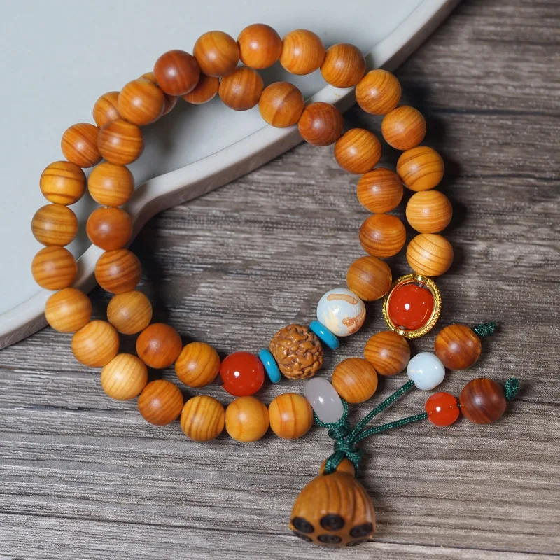 Aged black oil cypress DIY double-loop bracelet with lotus pod design, vintage Buddhist beads, Chinese-style hand acces