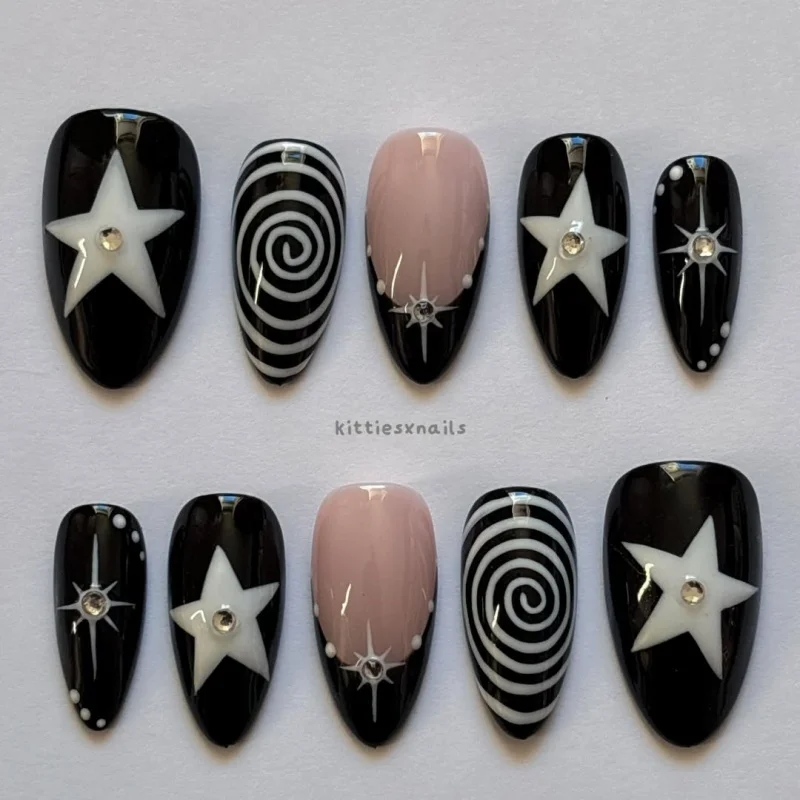 10 Pieces of Hand-Pressed Almond-Shaped Nails, Beautiful False Nails, Featuring Black Swirl Punk Stars, Suitable for Women