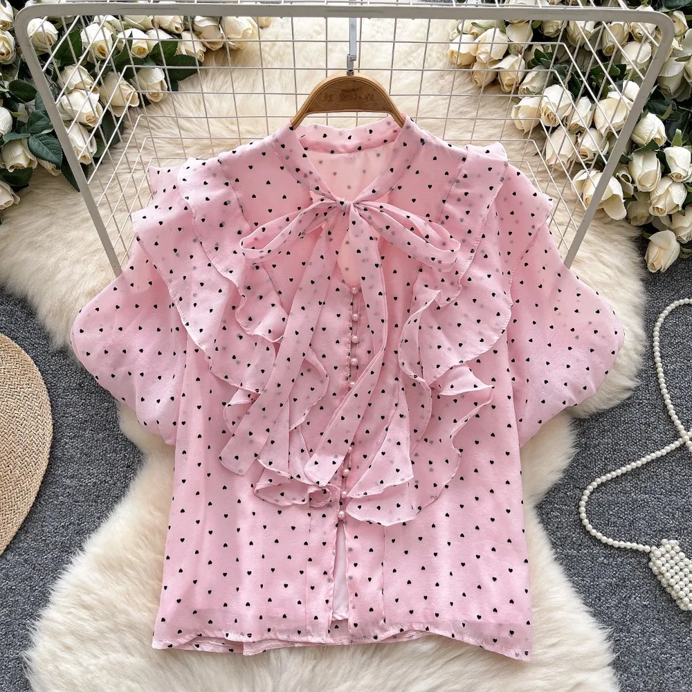 

Vintage ruffle print loose Blouse Slim Elegant Korean Fashion Sexy Summer Women Shirt Femme Blusa