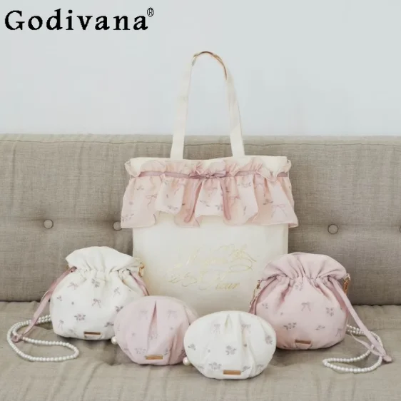 Japanese New French Fairy Embroidered Rose Ribbon Ruffles Lace Tote Handbag Women's Sweet Pink Portable Messenger Shoulder Bag