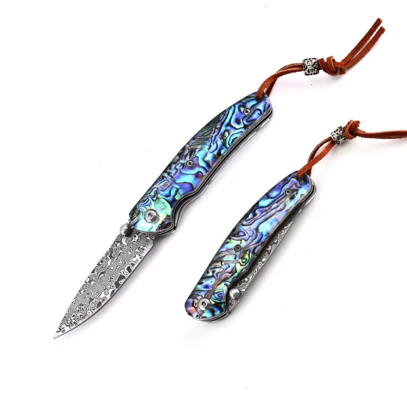 Damascus steel color shell folding knife Outdoor knife mini folding knife portable camping self-defense knife fruit knife