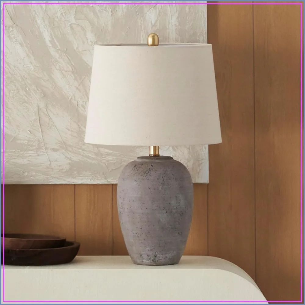 Rustic Farmhouse Ceramic Table Lamp with Beige Linen Shade for Bedroom, Living Room, Dining, Office