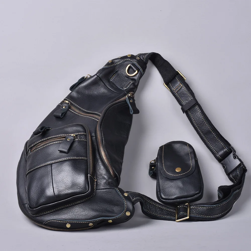 Leather Leather Sling Bag Crossbody Backpack for Men Travel Outdoor Hiking Large Cool Shoulder Chest Large-Capacity Sports Bag