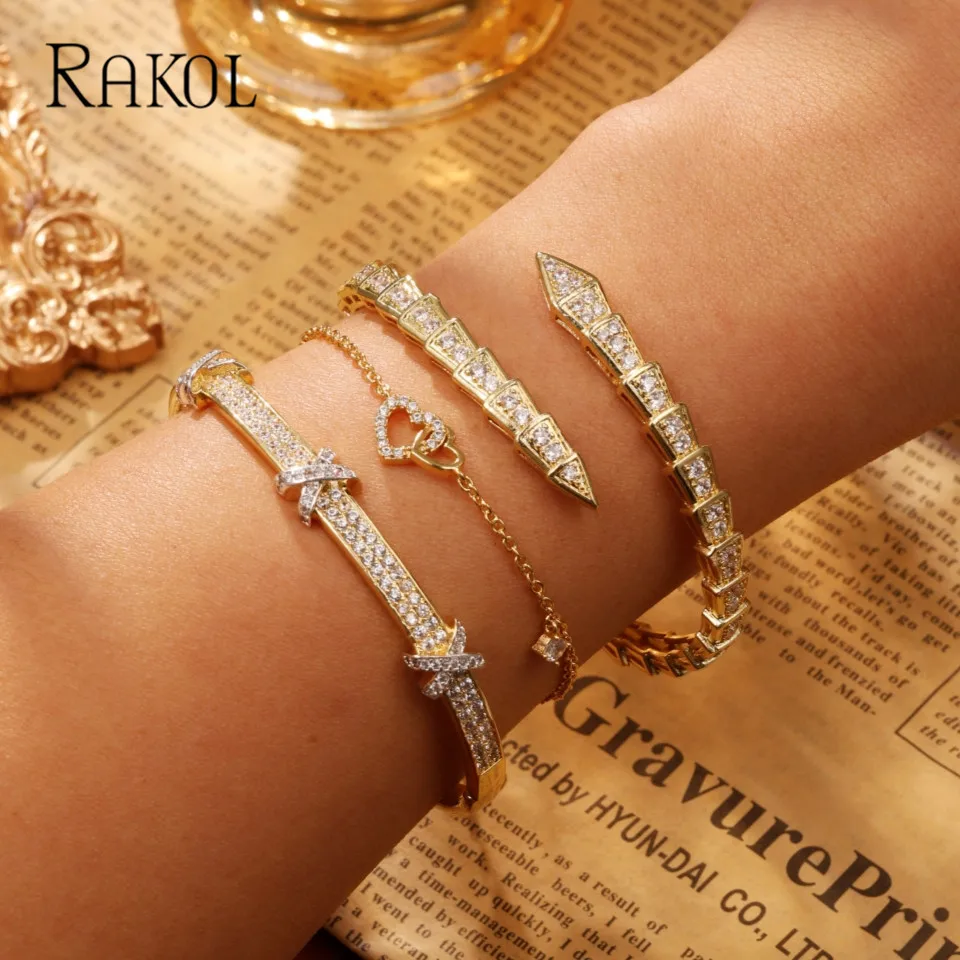 RAKOL Delicate Cubic Zirconia Cross X Bangle Bracelet for Women Fashion Texture Gold Silver Color Heart Charm Jewelry New Gift