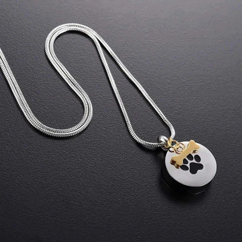 Haustier-Asche-Halskette, Feuerbestattungsschmuck für Asche, Pfotenabdruck, runder Anhänger, Gedenk-Halskette mit Hundeknochen, Andenken, Schmuck für Hunde – Detail 4