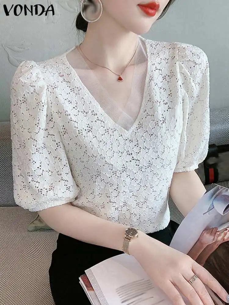 VONDA Women Summer Elegant V-Neck Blouses 2023 Casual Lace Tops Fashion Short Puff Sleeve Solid Color Shirts Loose Blusas