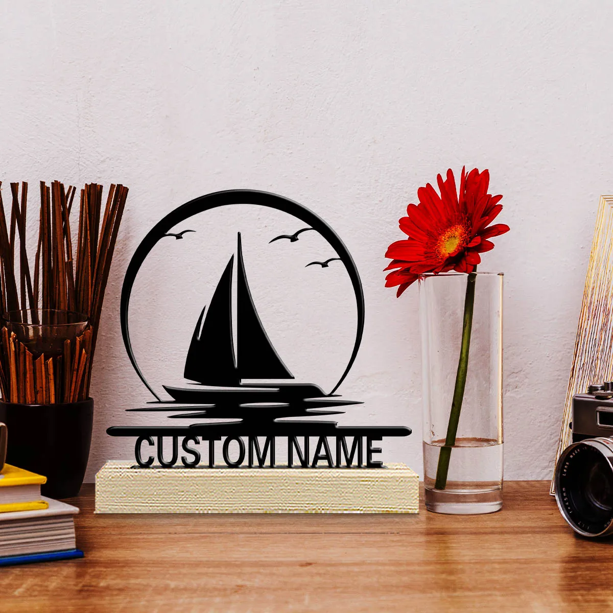 1pc Metal Desktop Ornaments and Decorations Custom Content Equipped with Wooden Base Room Decorations, Bar Counter Decorations
