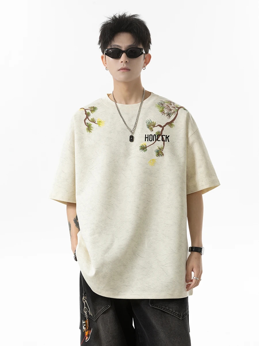 Summer and Autumn Simple Casual Loose Commuting Chinese Style Embroidery Outfit Round Neck Half Sleeved T-Shirt for Men