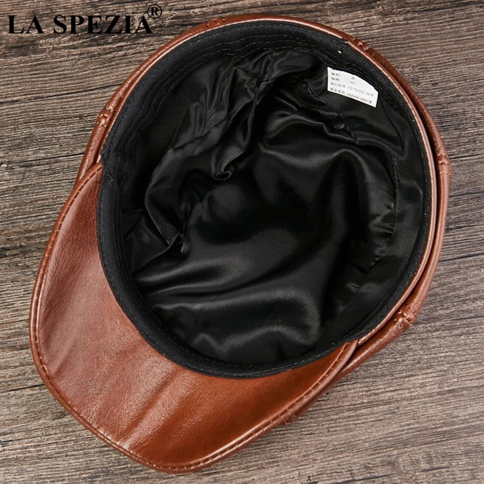 LA SPEZIA Black Newsboy Hats For Men Genuine Cowskin Leather Octagonal Cap Male Autumn Winter Fitted Vintage Duckbill Hats Beret