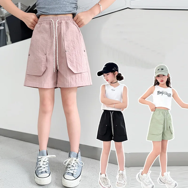 Children Cargo Shorts For Kids Girls Summer Multi Pocket Drawstring Cotton Shorts High Quality Korean Style Age 5 7 9 11 13 14 Y
