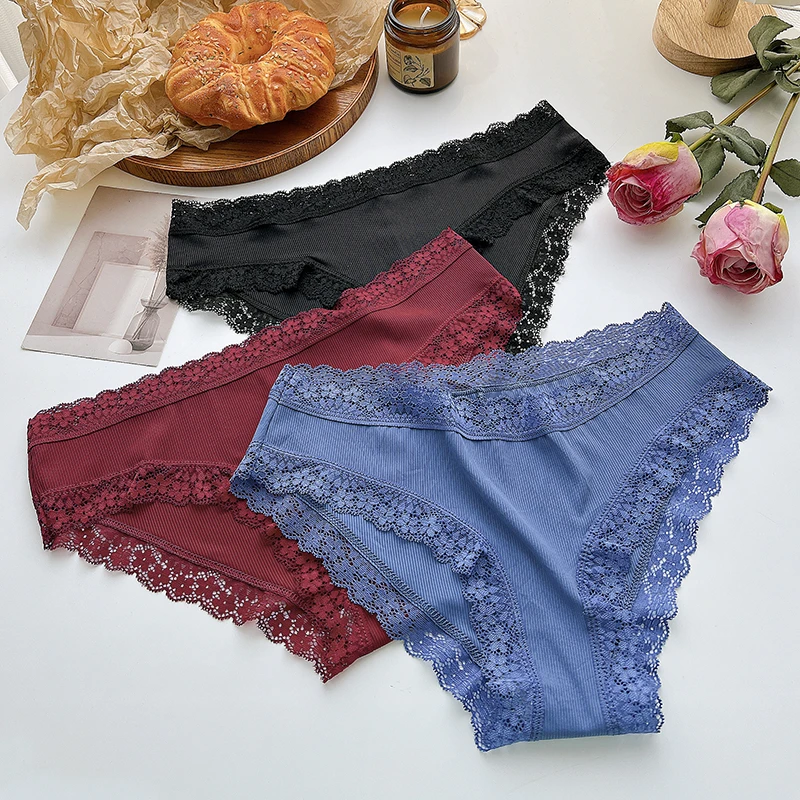 FINETOO 3Pcs Floral Lace Briefs Solid Striped Underwear Women Panties Sexy Comfortable Ladies Low-Waist Lingerie Intimates XS-XL