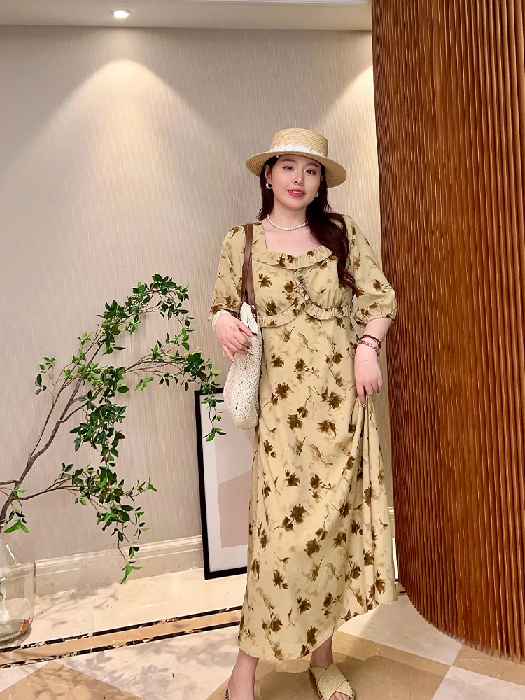 

Летнее женское платье Ele Midi из тонкого шифона с цветочным принтом, квадратным вырезом и деревянными пуговицами, длинное, модное, из полиэфирного волокна