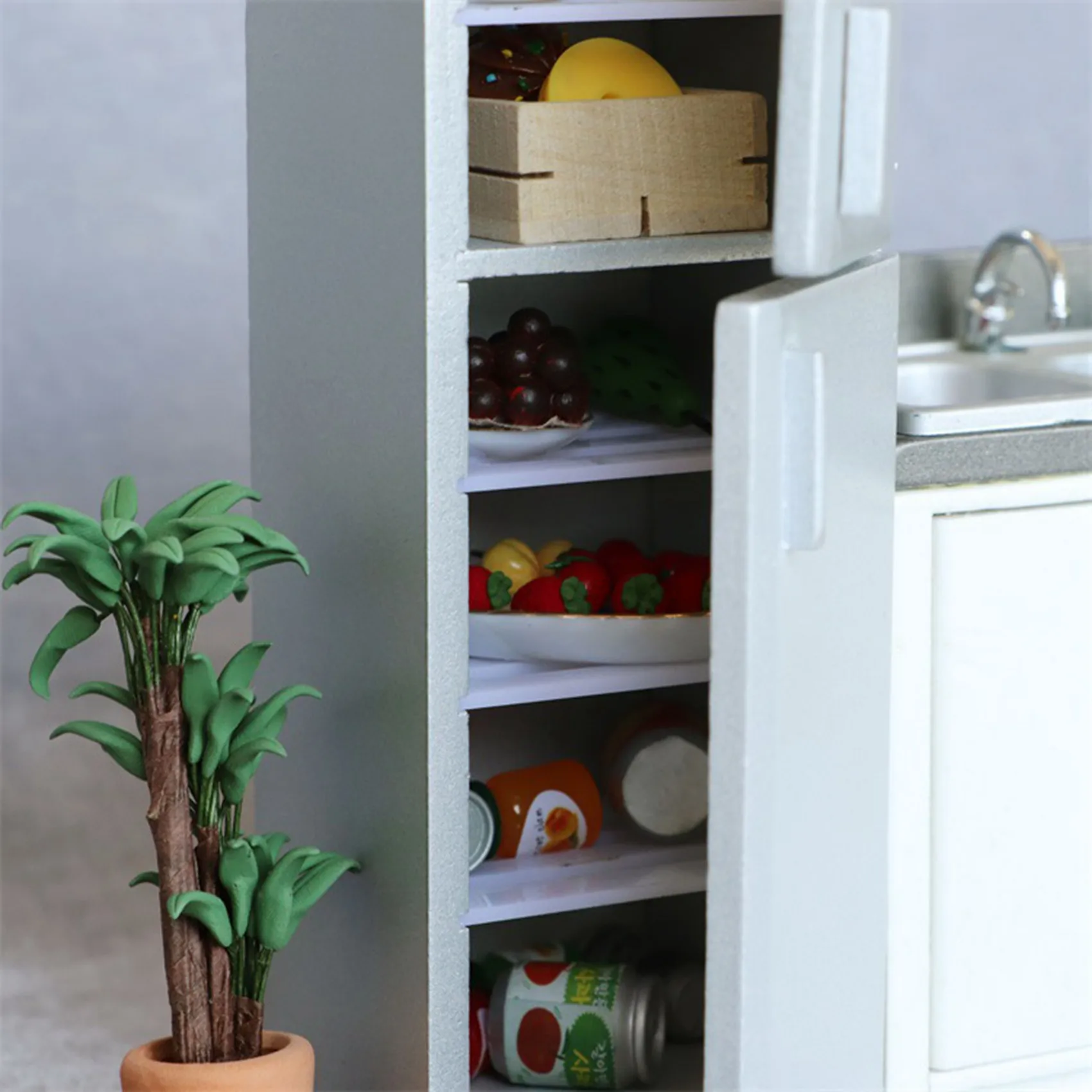 

1/12 Dollhouse Miniature Wooden Double Door Refrigerator Simulation Fridge Model For House Decoration