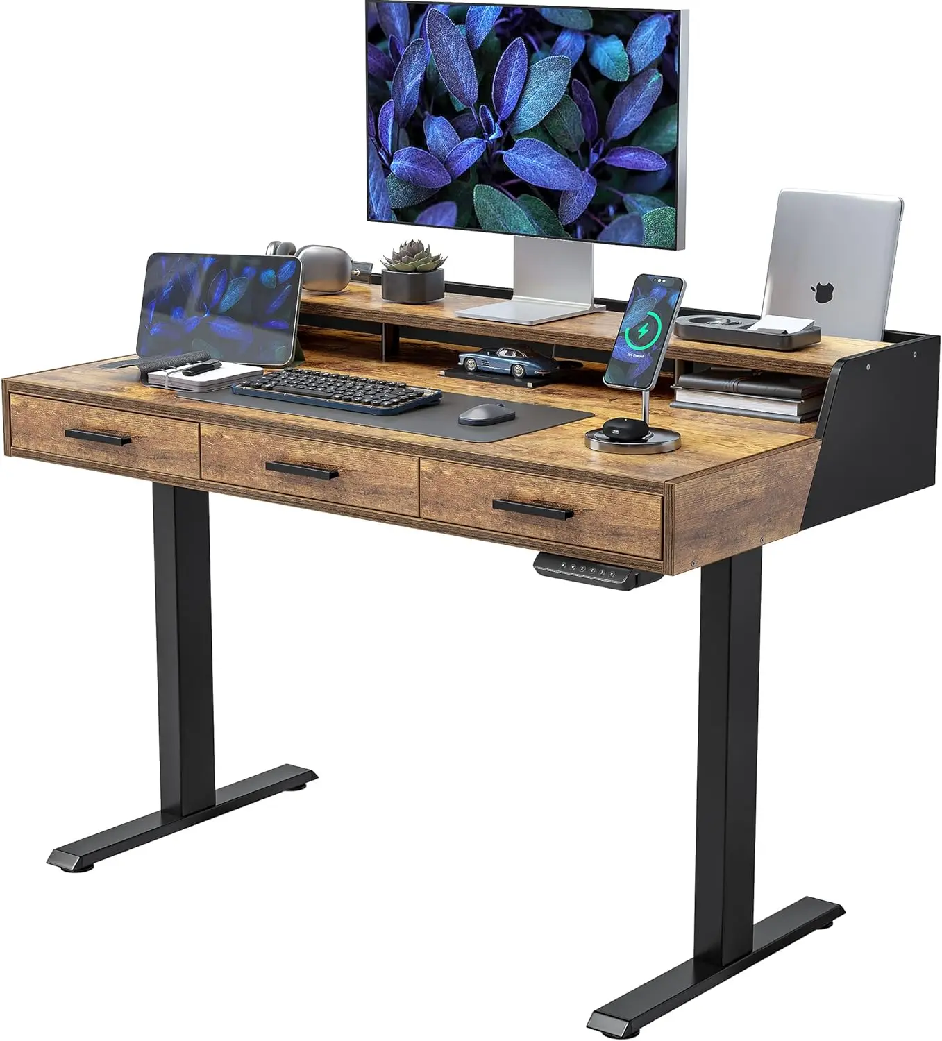 Standing Desk Adjustable Height with Drawers, 48 x 24 IncheElectric Memory Computer Desk, Black Frame/Rustic Brown Top