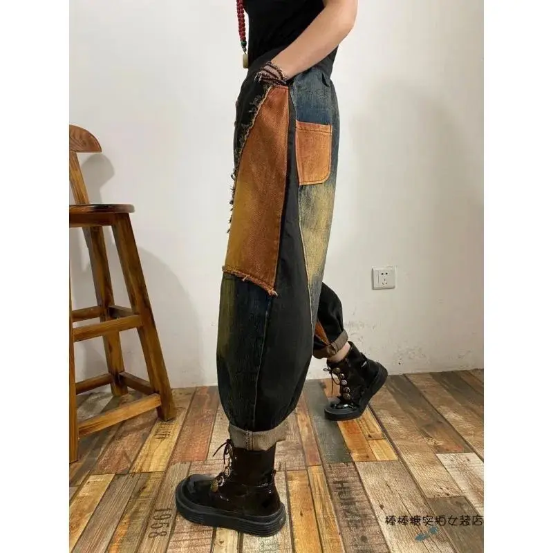 2025 nova moda velho remendo tecido cor bloqueado pendurado virilha casual cintura alta calças compridas mulheres outono denim legal jeans wh8