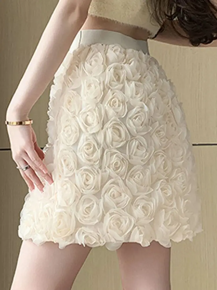 

2025 New Fashion Romantic Floral Girl Skirt Rose White Black High Waist Women Skirt Elastic Lovely Skirt Party Birthday
