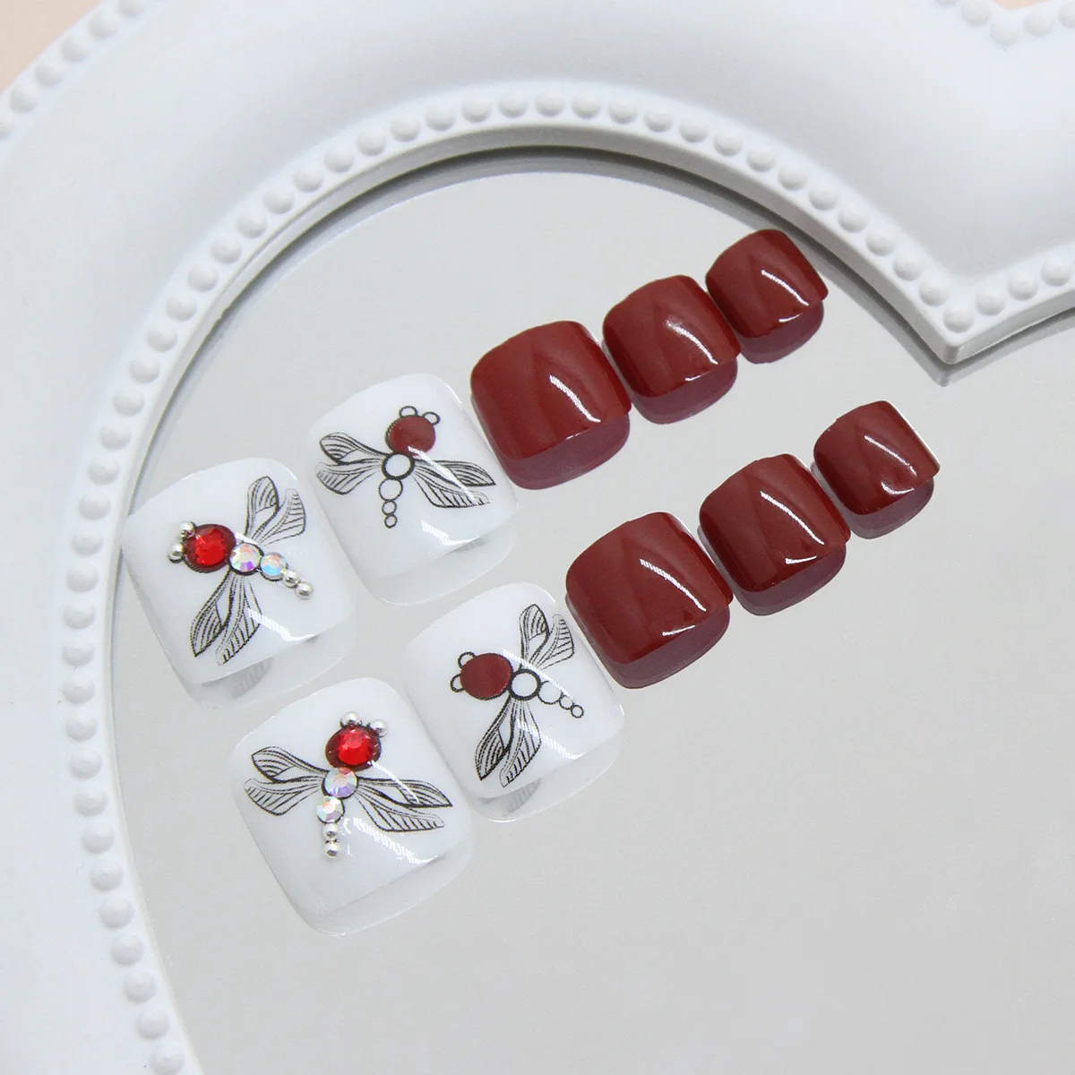 24 stuks wijn rode teenpers-ons - glitter libellenaccenten medium vierkante vorm (meerdere maten) kunstnagels met draaggereedschap