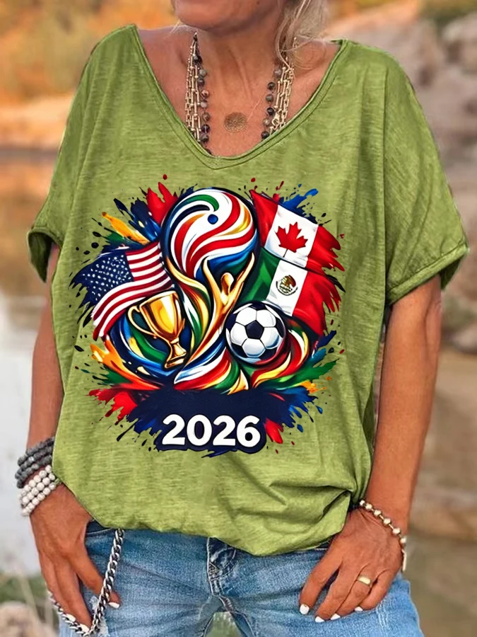 ilstile Women's 2026 Soccer  T-Shirt USA Canada Mexico Flag Football Graphic Tee Casual Short Sleeve Loose Fit Sports Fan Tops