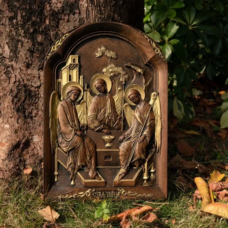 

Religious Vintage Catholic Holy Trinity Wood Carving Ornament, Holy Family Home Living Wall Decor