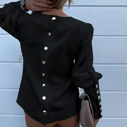 Elegant Women'S Blouse Temperament Stain Shirt Fashion Solid Round Neck Long Sleeves Shirt Blouse Bundled Sleeve Button Top