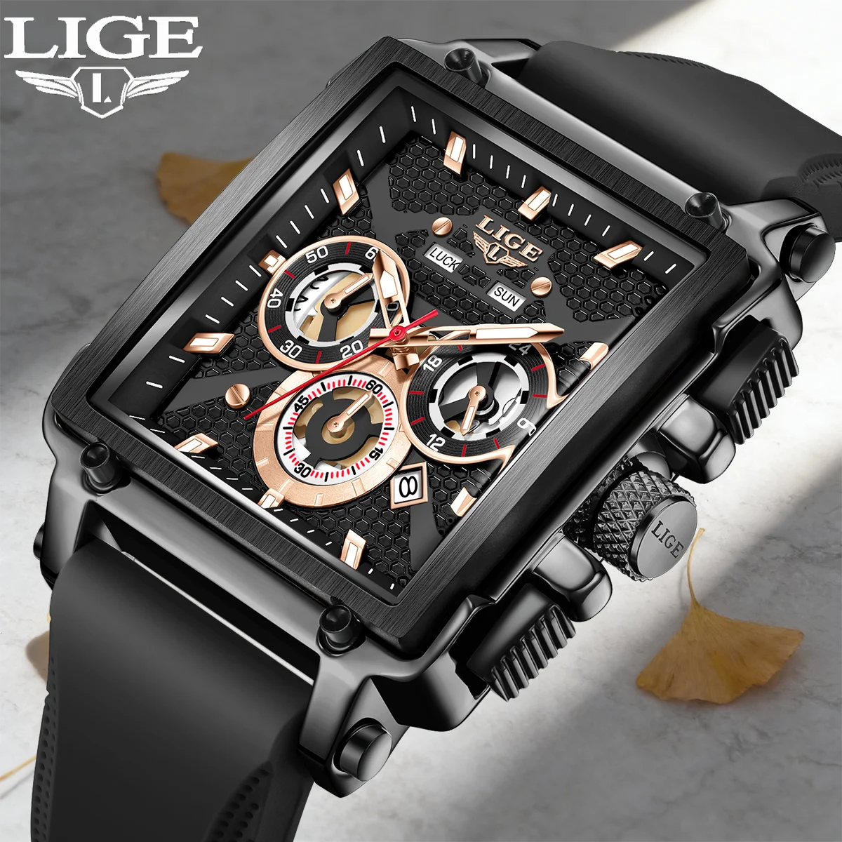

LIGE Square Mens Watches Fashion Large Dial Design Sports Quartz Wristwatches Chrongraph Auto Date Silicone Watches for Men+Box