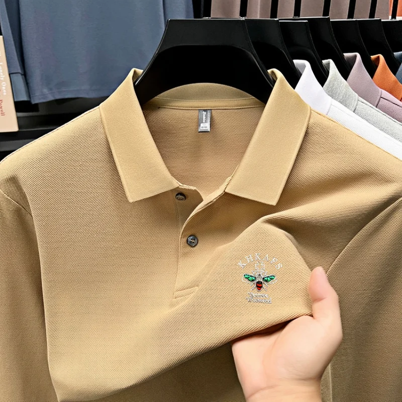100% القطن قميص بولو بأكمام طويلة الرجال العلامة التجارية النحل تنقش تي شيرت عادية مريحة للتنفس 2025 الخريف جديد رداء علوي غير رسمي #4