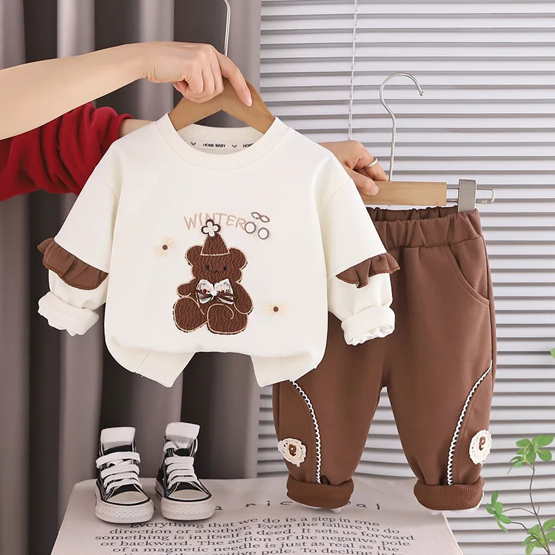 Baby Girl 2 Piece Outfit Cute Cartoon Embroidery Ruffle Cuff Long Sleeve Sweatshirt + Pants Kids Spring Autumn Casual Tracksuit
