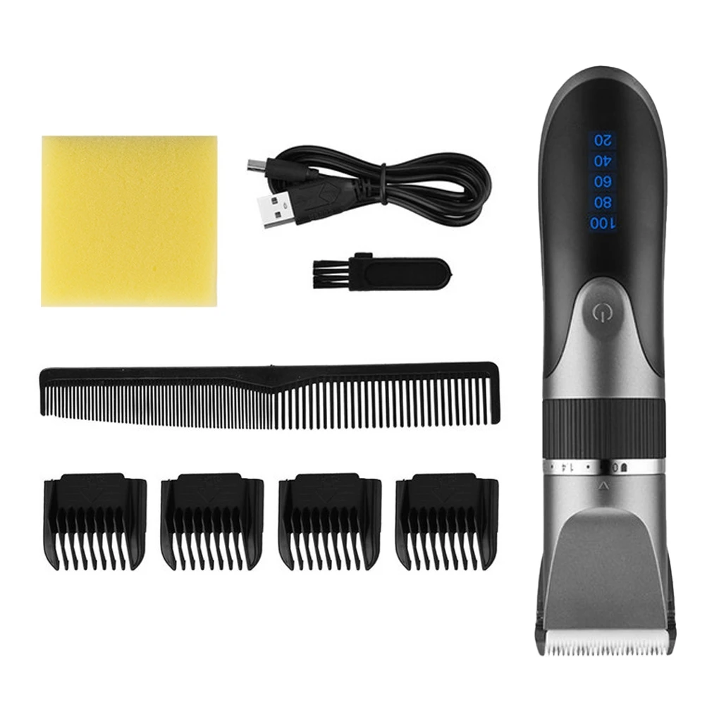 

Электрическая машинка для стрижки волос Парикмахерская Мужская индикатор Керамические триммеры Портативная малошумная бритва с ограничением расчески Золото