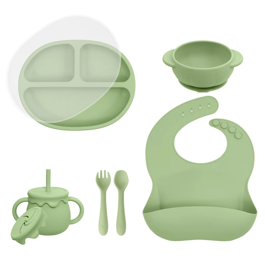 

5/4/3Pcs Food Grade Silicone Feeding Kit For Babies Bowl Plate Wood Handle Spoon Fork Bibs Tableware For Kids Baby Items