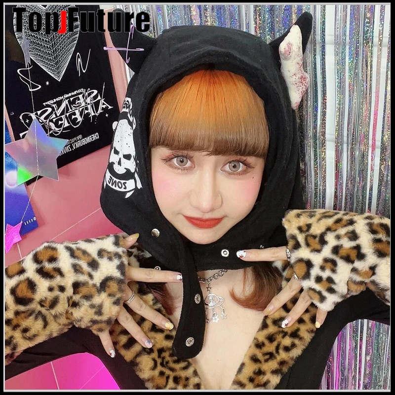 Harajuku Gothic Lolita Danger Zone devil Ear Hat Women Punk Subculture Spice Girl Beanie Hat Female Y2K Girls Accessories Cap