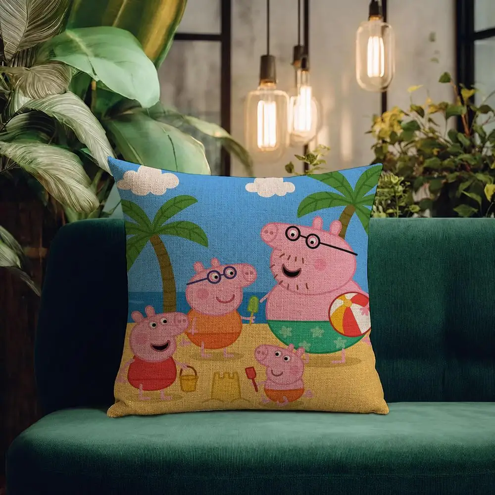 Cartoon Peppa Pig Cushion Cover Natural Linen Pillowcase Set Cushion Cover for Sofa Bedroom Chair