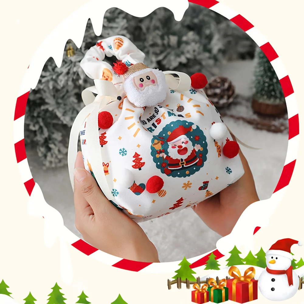 قطعة واحدة من أكياس هدايا عيد الميلاد مع إغلاق برباط - أكياس هدايا لحفلات الأعياد قابلة لإعادة الاستخدام مع سانتا ورجل الثلج ومنزل خبز الزنجبيل
