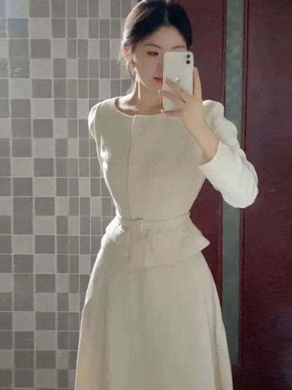 

Elegant Korean Style Two-Piece Set with Jacket And Skirt Comfortable Cotton Material Long Sleeve round Neck Design