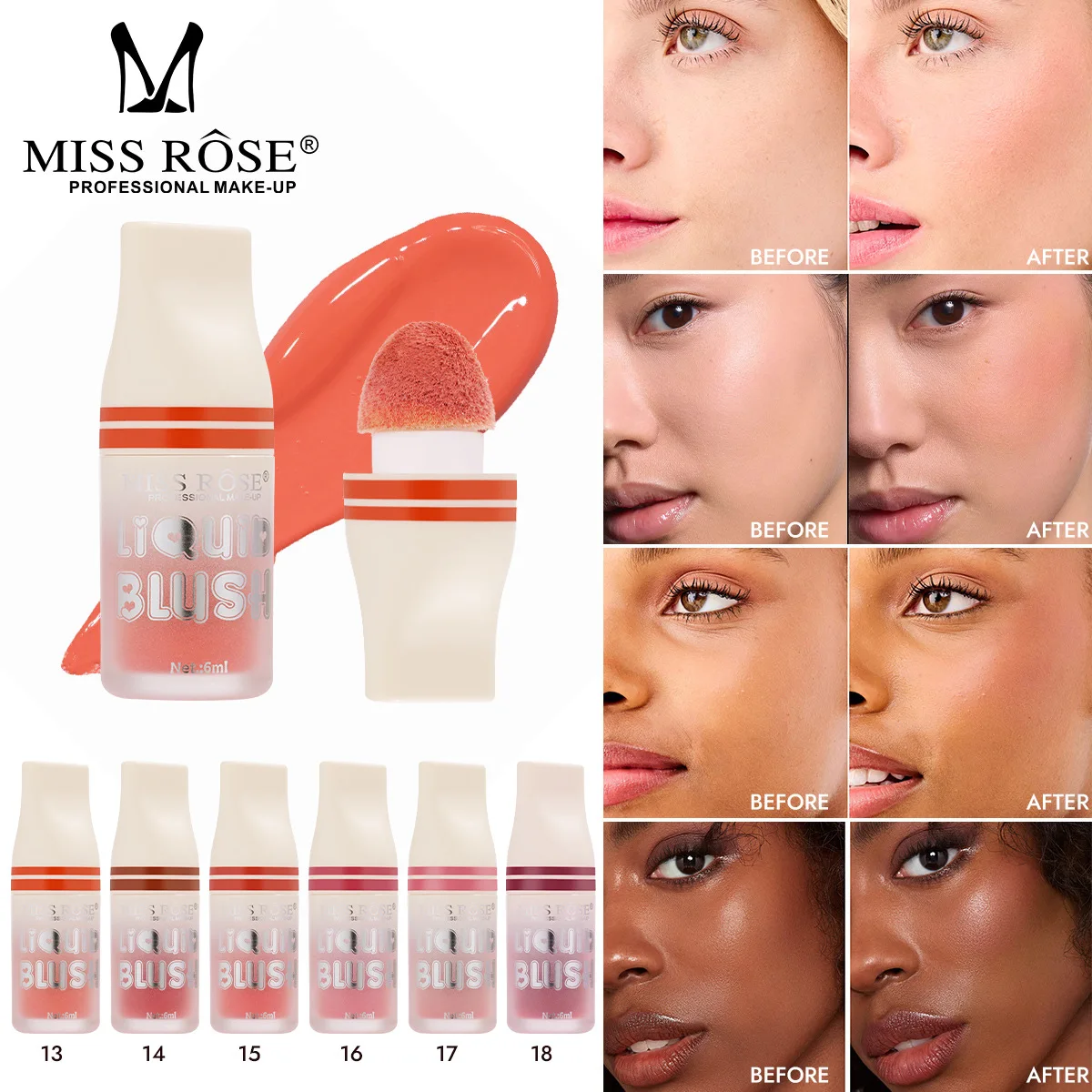 MISS ROSE 6-Color Liquid Blush Mushroom Head Vitality Facial Makeup Smudge-Proof Natural Tint Daily Beauty Cosmetic