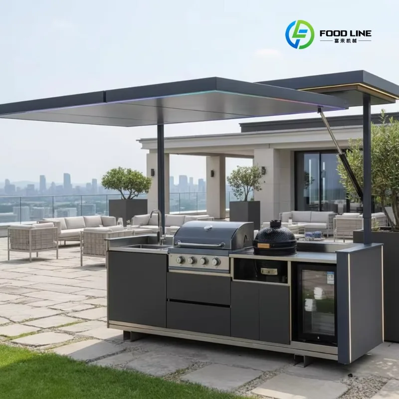 Modern Mobile Courtyard Outdoor Kitchen Electric Lifting Stainless Steel Hand-Pushed Barbecue Cart for Shop Environmental Custom