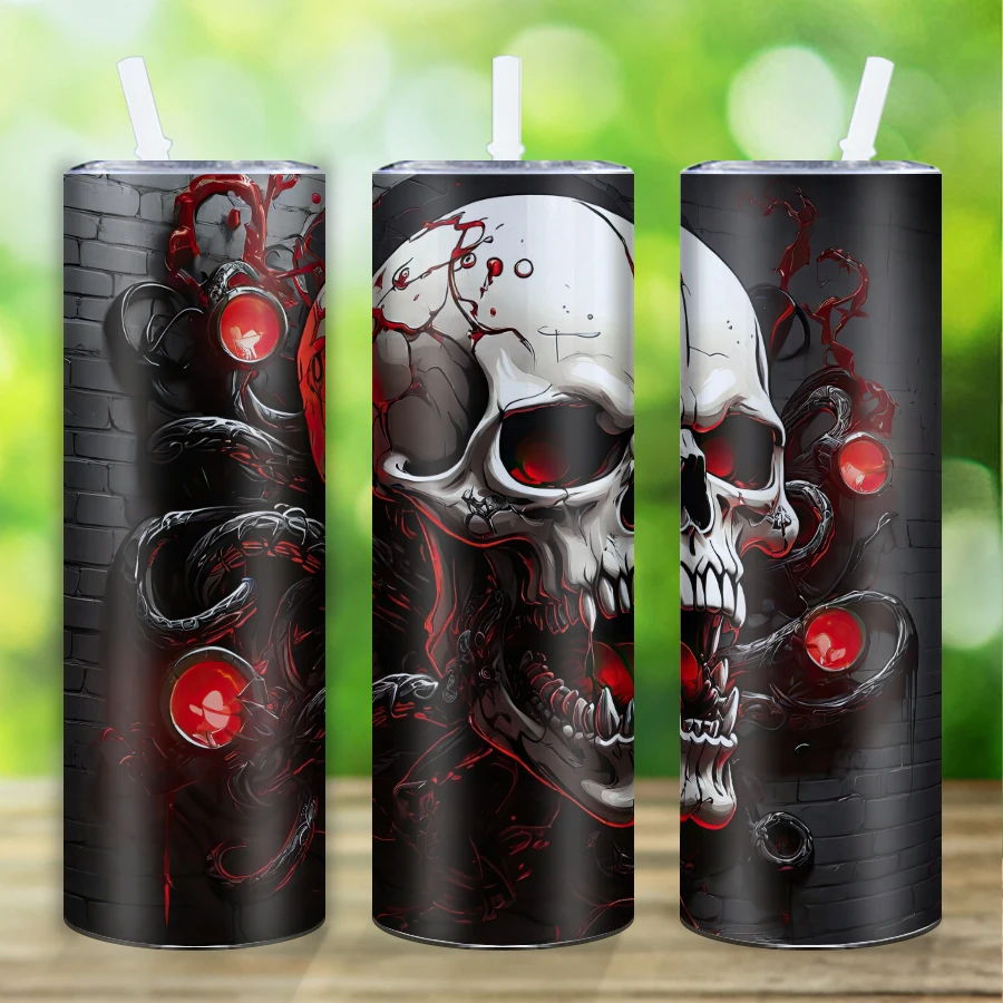 3d Print Horror Skull Pattern 20oz Sublimation Stainless Steel Water Tumblers With Lid&Straw Insulated Straight Cups Halloween