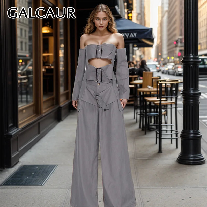 GALCAUR Solid Fashion Women Sets Stralpess Long Sleeve Hollow Out With Belt Tops High Waist Wide Leg Pants Summer Set Female New