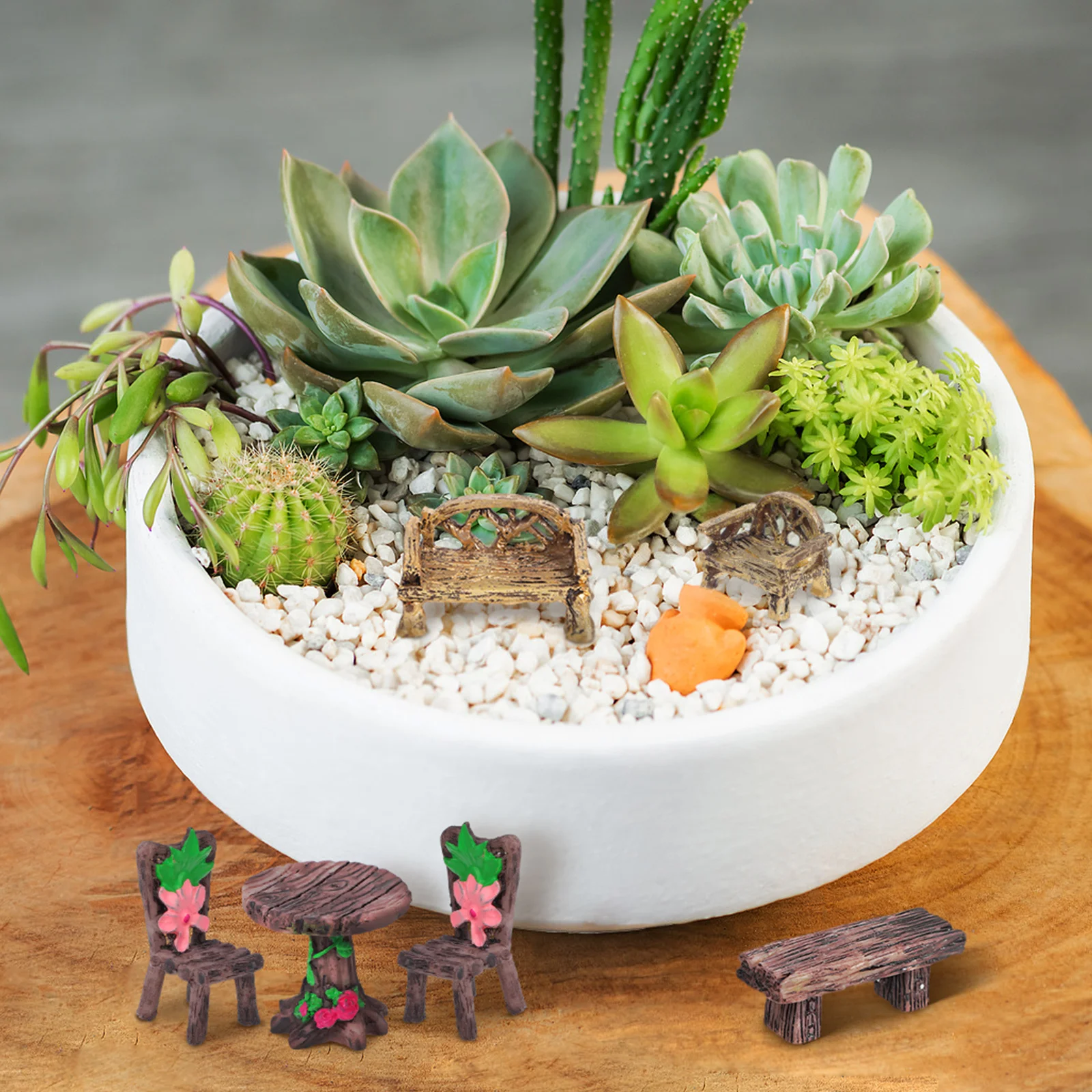 

10 pcs Miniature Garden Furniture Ornaments Resin Rustic Wood-Like Micro Landscape Decorations For Terrarium Micro
