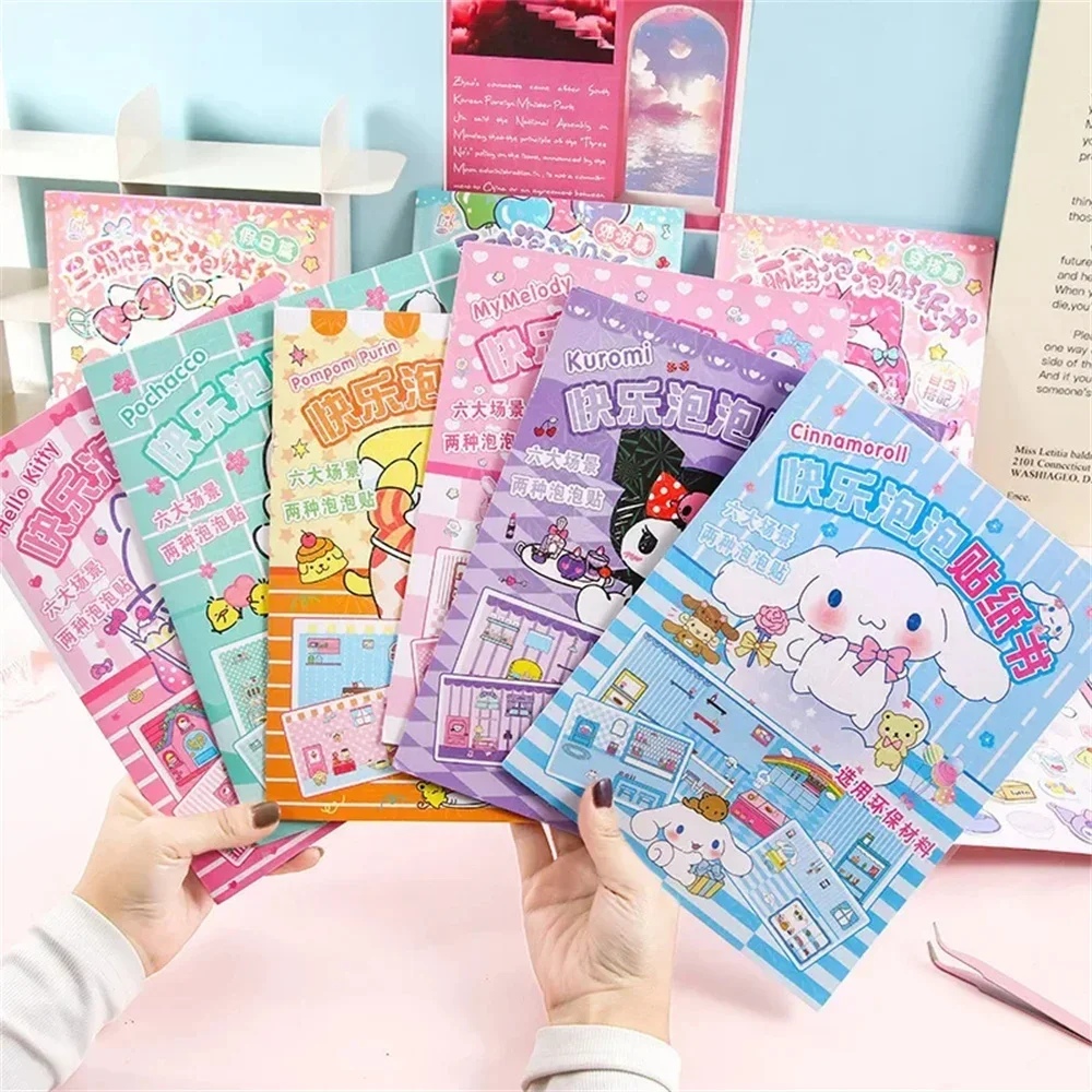 Sanrio Quiet Book Bubble Hello Kitty Cinnamoroll Kuromi My Melody Pochacco Cartoon Toy Landscape Sticker Book Kids Toys Gifts