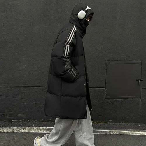 남성용 무릎 길이 다운 코트, 두꺼운 야외 후드 파카, 청소년 작업복, 겨울 긴 퍼퍼 재킷, 한국 패션 커플, 2024 신상 