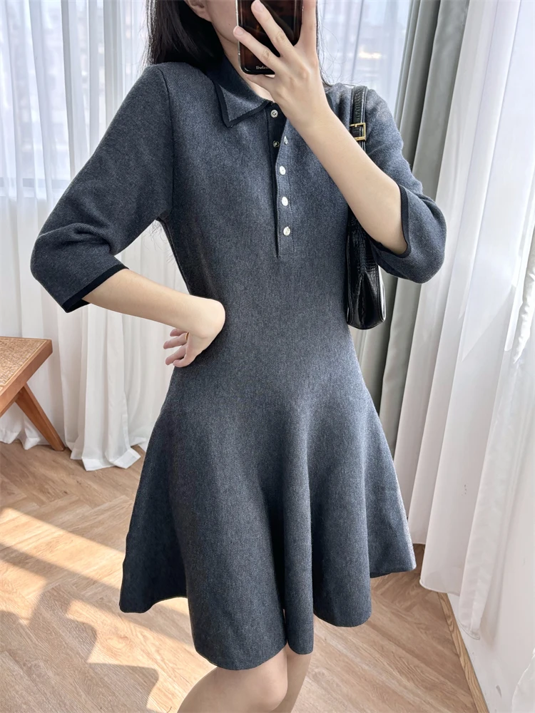 

Sheer dresses for women Grey waist cinched dress slim fit short knit elegant and gentle commuting M home 24 autumn temperament