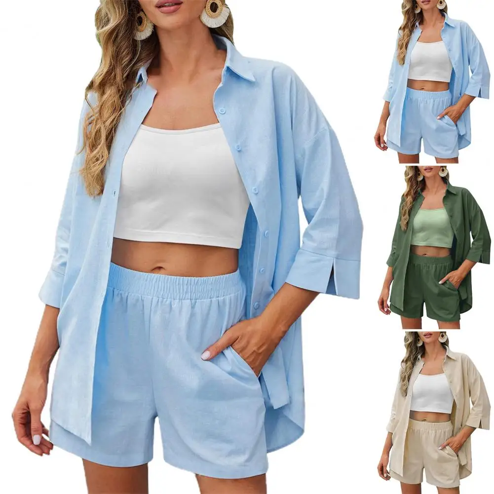 Three Quarter Sleeve Suit Set Stylish Women's Shirt Shorts Set with Three Quarter Sleeves Turn-down Collar for Fashionable