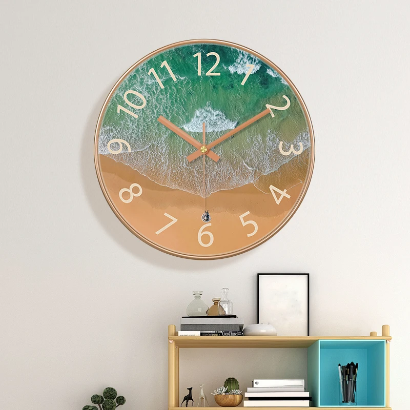10 inch Coastal Beach Wall Clock Silent Quartz Clock with Rose Gold Frame Ocean Wave Decor for Home Living Room & Bathroom