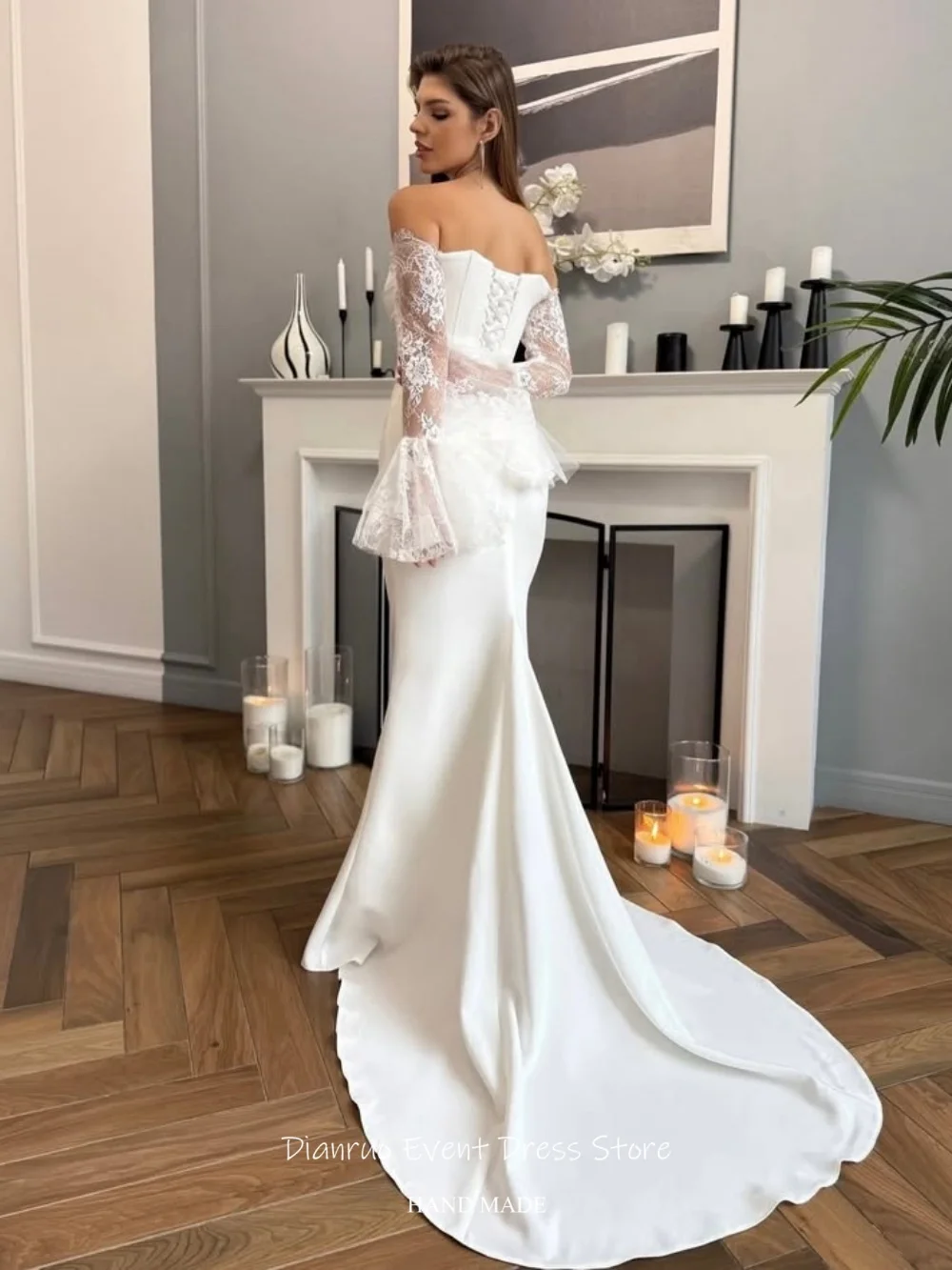 Dianruo Lace Off Shoulder Wedding Dress Floral Lace Bell Long Sleeves Vestido De Noiva Bridal Mermaid Evening Dress Customized
